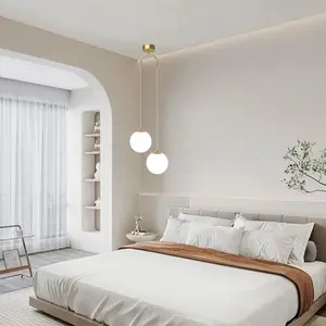 Nordic Bedroom Bedside Pendant Light, Modern Simple Living Room Background Wall Dual Head Plastic Round Ball Creative Personalized Hanging Lamp