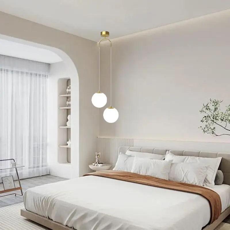 Nordic Bedroom Bedside Pendant Light, Modern Simple Living Room Background Wall Dual Head Plastic Round Ball Creative Personalized Hanging Lamp