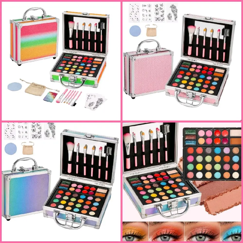 All-In-One Makeup Carry Case with Pro Teen Makeup Set, Full Starter Cosmetics Kit with Makeup Brushes, Eye Shadows Palette, Blushes, Glitter Gel, Temporary Tattoo Stickers