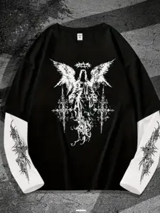 Men's Block Graphic Long Sleeve T-Shirt with Gothic Cross Print, Casual Fit for All Seasons, Soft Comfortable Fabric for Daily Wear