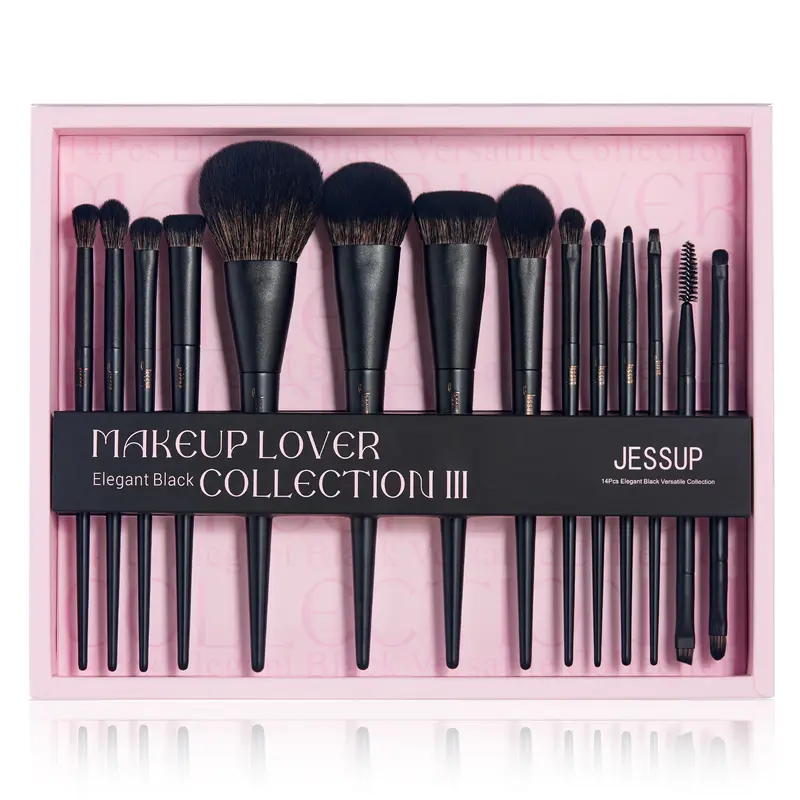 Jessup Makeup Brushes Set 14 Pcs Soft Bristles Makeup Brushes Kit Vegan Synthetic Foundation Eyeshadow Bronzer Brush with Gift Box, Elegant Black T336-G