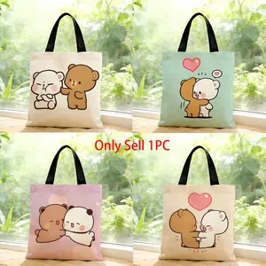 cute pink Milk Mocha Bear SliceOfLife Cute Storage Bags Canvas Bags Series Print Bag Lightweight Shoulder High Appearance Large Capacity Minimalist  Soft Fabric Bag Shopping Bags