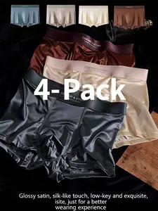Men's Satin Ice Silk Fabric Fitted Underwear Set, Smooth Skin-Friendly Plain Briefs, Premium Satin Men's Boxer Shorts, Luxurious Satin Innerwear, 4 Pack