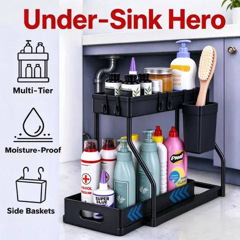 2-Tier Under-Sink Pull-Out Sliding Storage Rack, Kitchen & Bathroom Home Organiser, Home Supplies Storage Holder