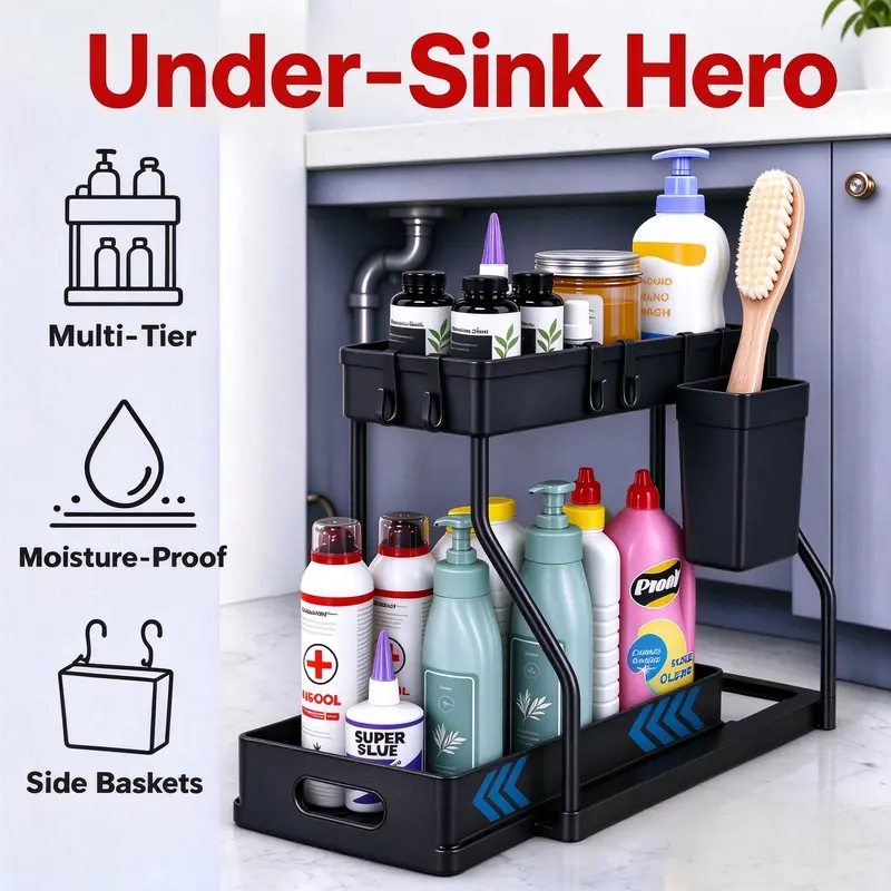 2-Tier Under-Sink Pull-Out Sliding Storage Rack, Kitchen & Bathroom Home Organiser, Home Supplies Storage Holder