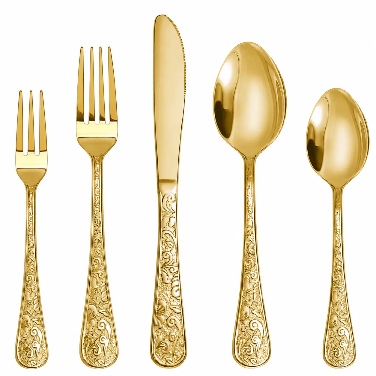 20-Piece Gold Flatware Set Service for 4,Food Grade Stainless Steel Embossed Floral Silverware with Ergonomic Handle, Dishwasher Safe Retro Glam Cutlery for Housewarming Dinner Party