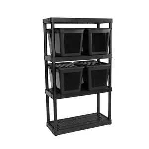 Gracious Living 4 Shelf Ventilated Garage Shelving + 4 Storage Bins & Lid, Black