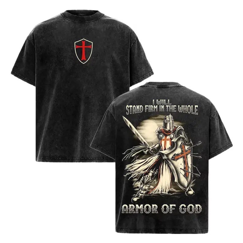 Armor of God Washed T-Shirt, Christian Knight Oversized Tee, Cross Shield Faith Graphic Shirt