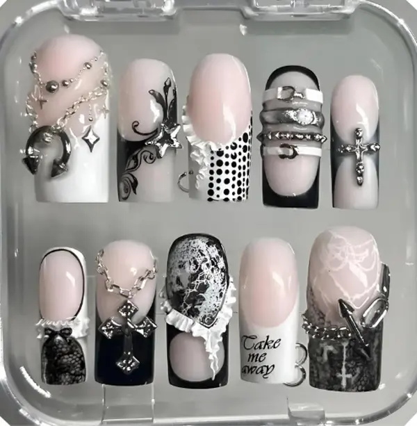 Black White Goth Press On Nails Medium Square Fake Nails Silver Cross Chain Lace Belt Punk Emo Y2K Grunge Reusable False Nails Women Party Stick On Nails Handmade Custom Acrylic Nail Art TikTok Viral Beauty Trendy Edgy DIY Manicure Gift Set