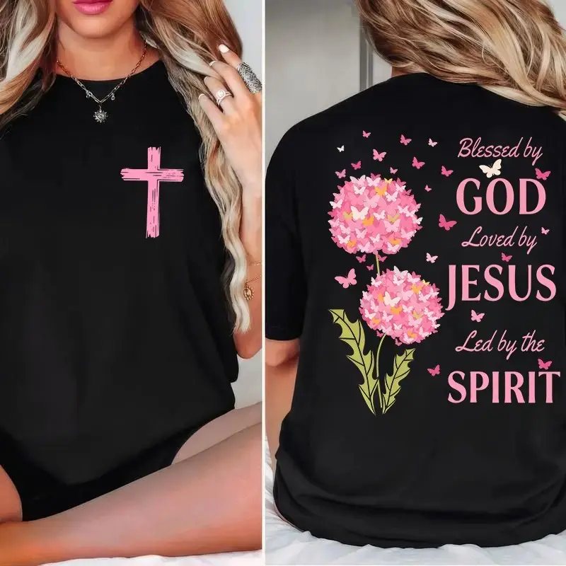 Blessed By God, Loved By Jesus, Led By The Spirit 2 Siđed Tee Cotton Casual Street Style Crew Neck Short Sleeve T-Shirt Tops Trendy for Women,shirts