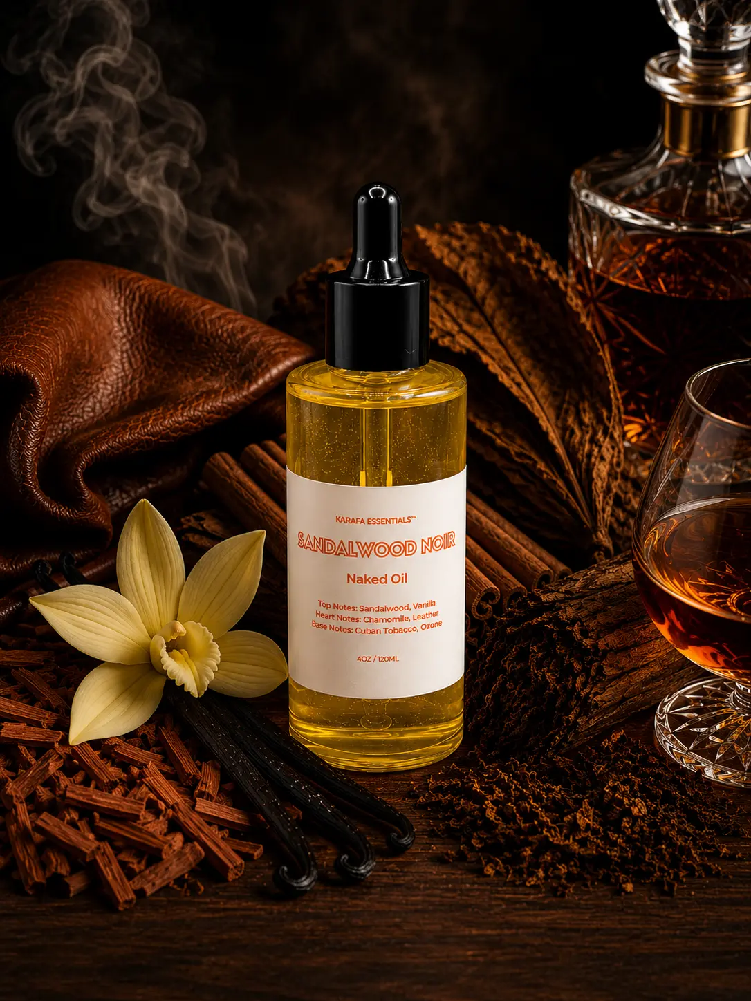 Sandalwood Noir Moisturizing Body Oil Sandalwood, Vanilla, Cinnamon, Leather, Cuban Tob@cco, Cognac by Karafa Essentials