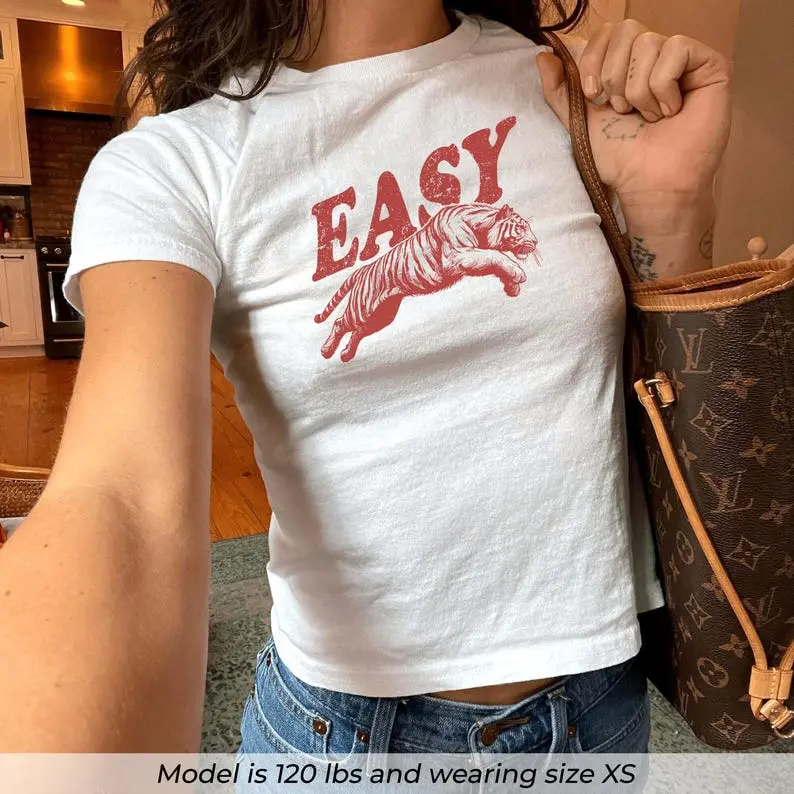 Easy Tiger Baby Tee, Retro Tiger Graphic Shirt, Cool Vintage Baby Tee, Y2K Aesthetic Top
