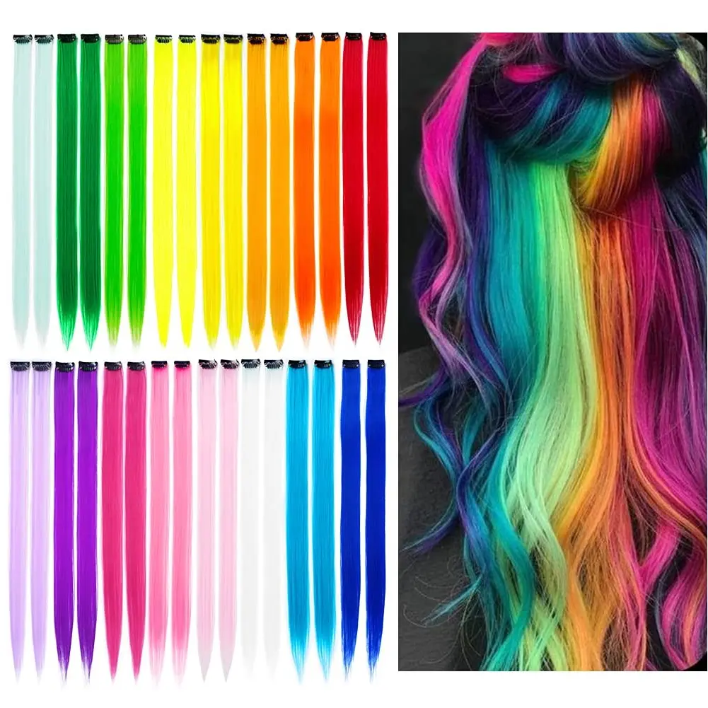 32 Packs Colored Clip-in Hair Extensions, 22in Thin Synthetic Hairpieces with Sturdy Metal Clips, Natural-Looking Finish, 16-Color Rainbow Highlights for Girls, Heat Resistant DIY Hair Extensions Funky Unique Accessories summerwins