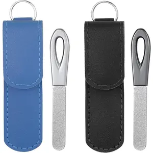 2 Pack Metal Nail File with Case, 3.6 in Travel Keychain Nail File for Natural Nails, Metal Diamond Double Sided Grit Nail Toenail Files with Leather Cases for Women Men