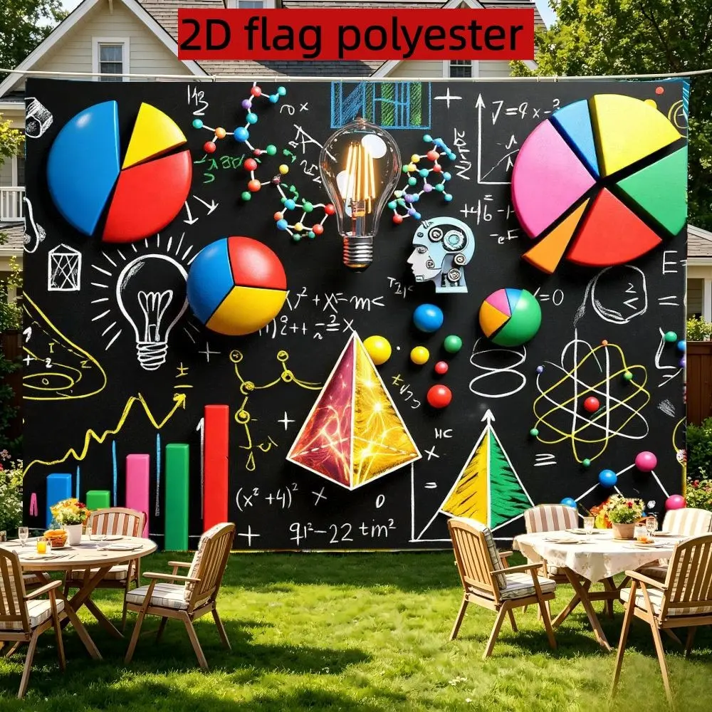 2D Flat 1PC Polyester Science Themed Backdrop Blackboard Formula Light Bulb Decor for Indoor & Outdoor Science Themed Party, School Gathering, Photo Booth, Wall Decor, Home Decoration, Event Background, Available in Multiple Sizes