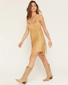 Women's Embroidered Faux Suede Fringe Mini Dress
