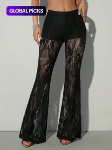 Women's Tight-Fitting Lace Floral Sexy Bell Bottom Leg Pants, Stylish and Comfortable Elastic High Waist Design, Perfect for Casual and Party Wear Womenswear