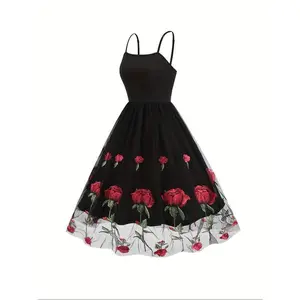 Elegant Vintage-Style Women's Valentine's Day Dress - Black with Red Rose Embroidery, White Lace Trim, Polyester Knit Cami with Mesh Overlay, Machine Washable Casual Womenswear Spaghetti Summer