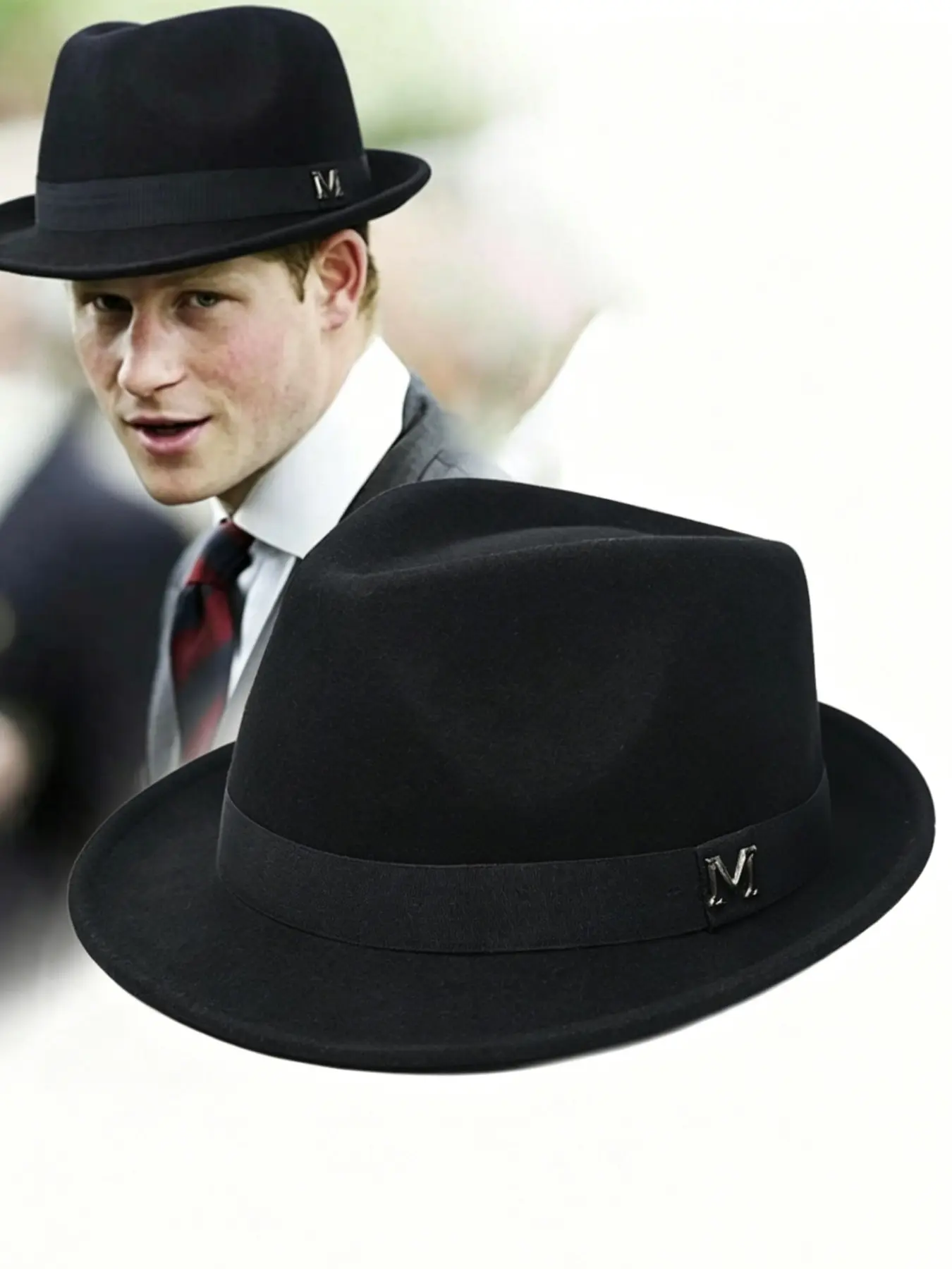 Classic Wool Blend Fedora Hat, Stylish Hat, Metal Letter M Decor, Wide Brim Formal Dress Hat, Vintage Gangster Style, for Men Women