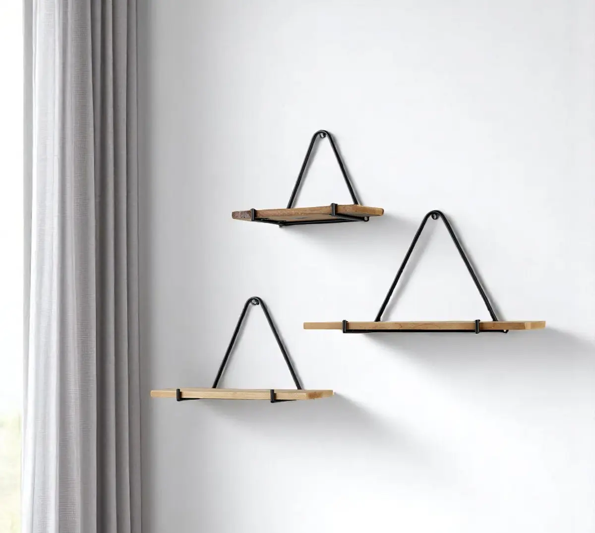 360 stand Wall Mount Floating Shelves - Set of 3 Triangle Shape Metal & Wooden Units with Wall Mount Design, Black & Brown Contemporary Accent Pieces for Home Decor, Organizing Room Spaces, Shelf, Decorative, Floating Shelf, Hanging