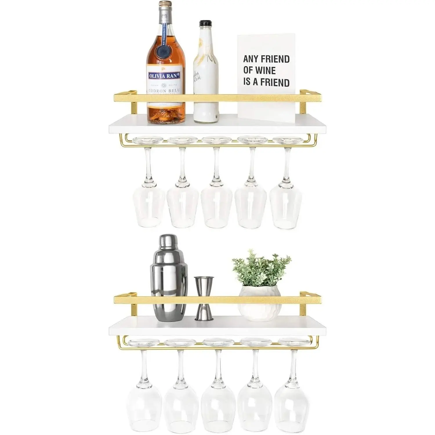 17-Inch Rustic White Wood Hanging Wall-Mount Multifunctional Wine Rack Set of 2 - Floating Shelves with Stemware Hanger, Luxury Elegant Decor for Glass Bottles, Plants, Photos in Kitchen, Office