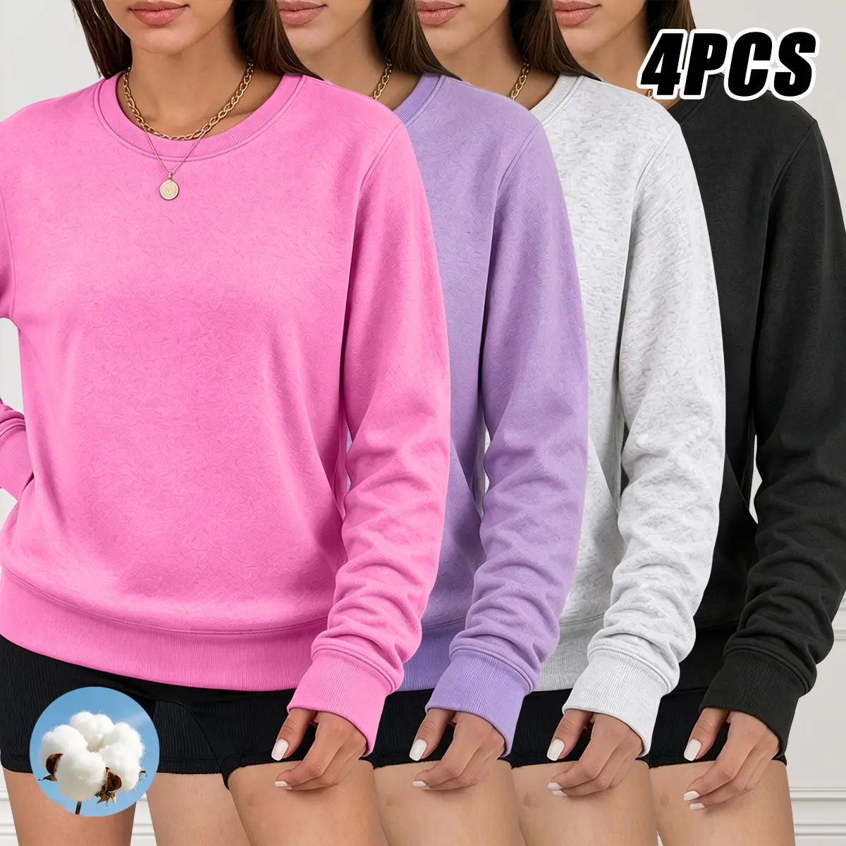 4-pack women’s casual solid-color sweatshirts — comfortable cotton long-sleeve tops, classic and versatile, suitable for everyday wear and leisure activities, women’s clothing, women’s top, women’s sweatshirt, autumn/winter apparel