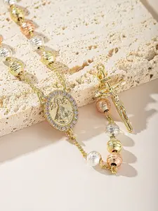 Colorful Chain Cross Synthetic Zircon Necklace, Christian Jewelry for Church and Daily Wear, Retro Style Copper Material