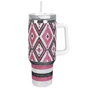 Cupcupmore 40 oz Pink Diamond Bling Rhinestone Stainless Steel Sippy Tumbler Glitter Vacuum Insulated Thermal Water Bottle with Straw & Lid &Handle,Sparkle Car Cup Holder,Keeps Cold 12 Hours Drinks,Coffee
