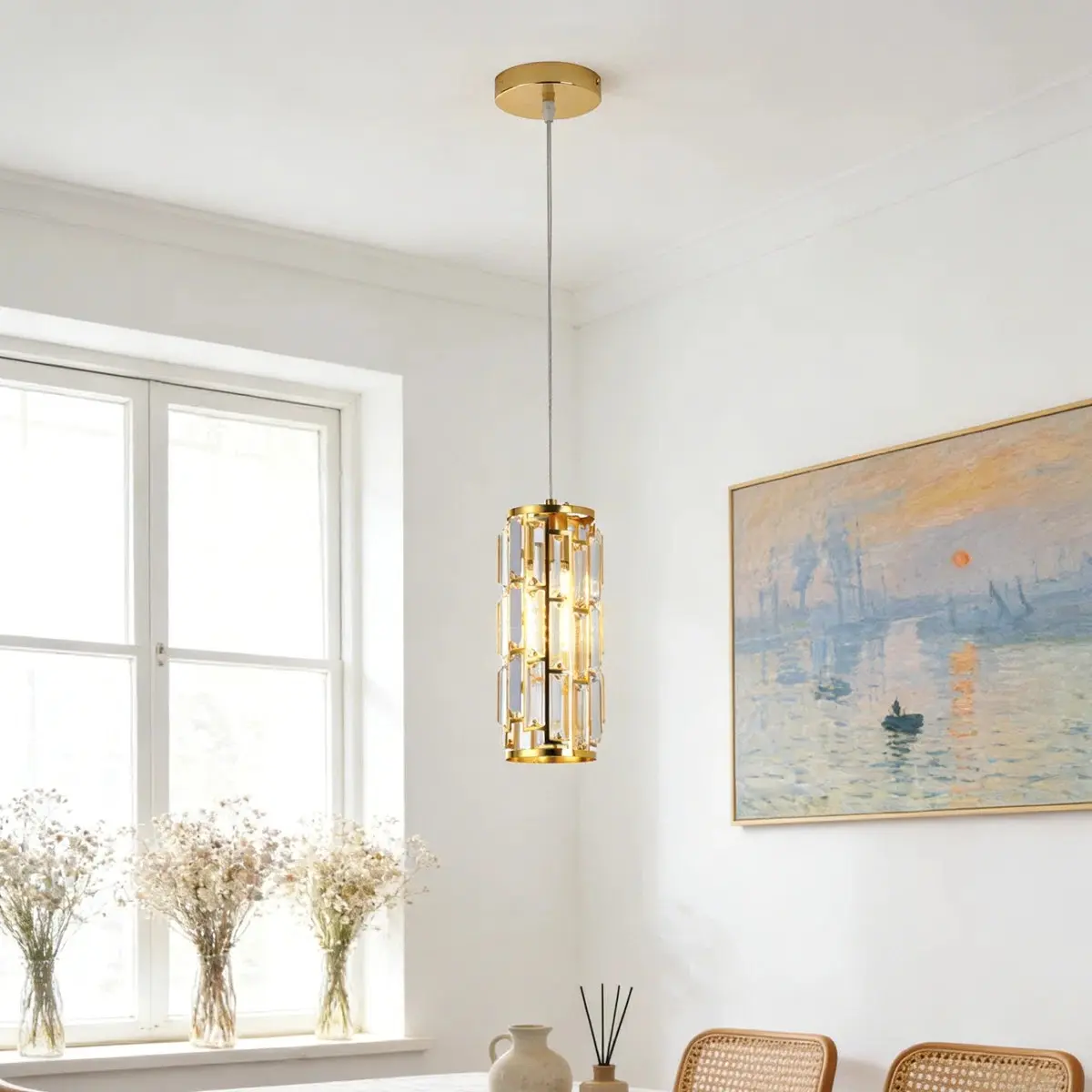 Garwarm Crystal Cylinder Pendant Light,Modern Gold Pendant Light, Mini Crystal Chandeliers,Adjustable Pendant Light Fixture for Kitchen Island,Dinning Room,Bedroom (1 Pack)
