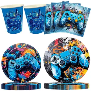 50pcs Neon Game Theme Party Supplies Set, Disposable Paper Plates Napkins Cups for 10 Guests, Perfect for Birthday Parties