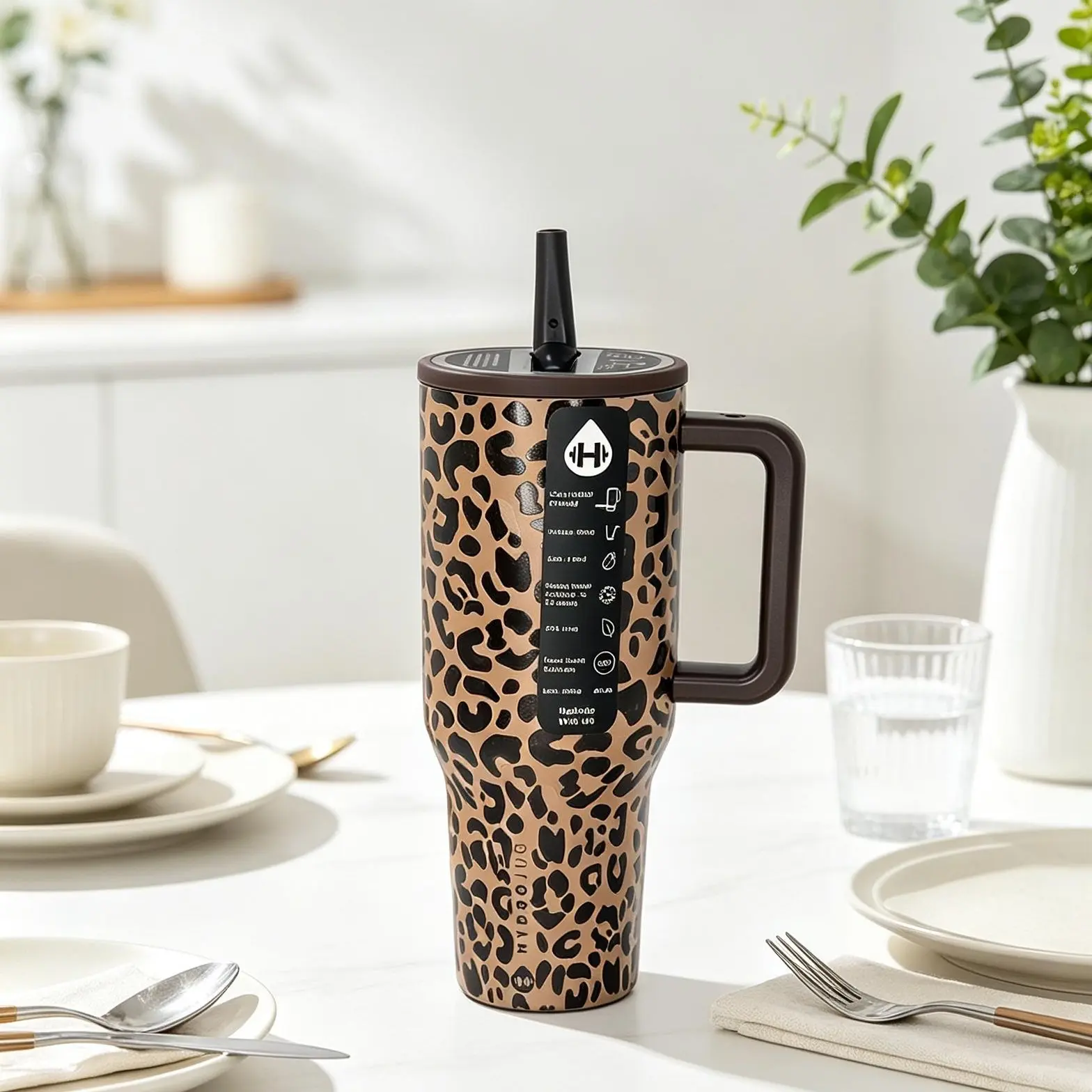 Leopard Printed Insulated Stainless Steel Vacuum Flask Mug with Handle, Leakproof Lid, Bold Pattern - Portable Stylish Durable Kitchenware Drinkware for Daily Use, On-the-Go Needs