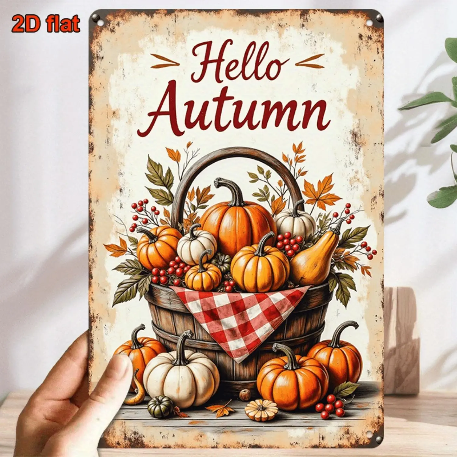 2D Flat, 1pc Vintage Pumpkin Harvest Metal Tin Sign - Rustic Farmhouse Decor with "Hello Autumn" Text, Pumpkin Bucket & Fall Leaves - Inch Kitchen, Living Room, Porch Decoration - Warm Orange, Red, Beige Colors - Country Housewarming Gift