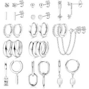 13 Pairs Small Gold Hoop Earrings Set for Women 14K Gold Plated Lightweight Huggie Hoops Hypoallergenic Pearl Dainty Stud Hoop Earrings for Gift