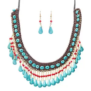Statement Bohemian Bead Crystal Rhinestone Stone Lace Bib Necklace Set Multi