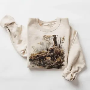 Retro Wild Boar Marshlands Fall Scene Sweatshirt - 90s Vintage Boar Hunting - Boho Unisex