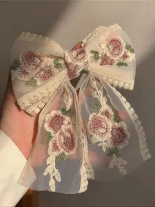 Elegant Flower Embroidery Bow Decor Hair Clip,  Cute Hair Accessories for Women & Girls, Trendy Hair Accessories for Daily Wear