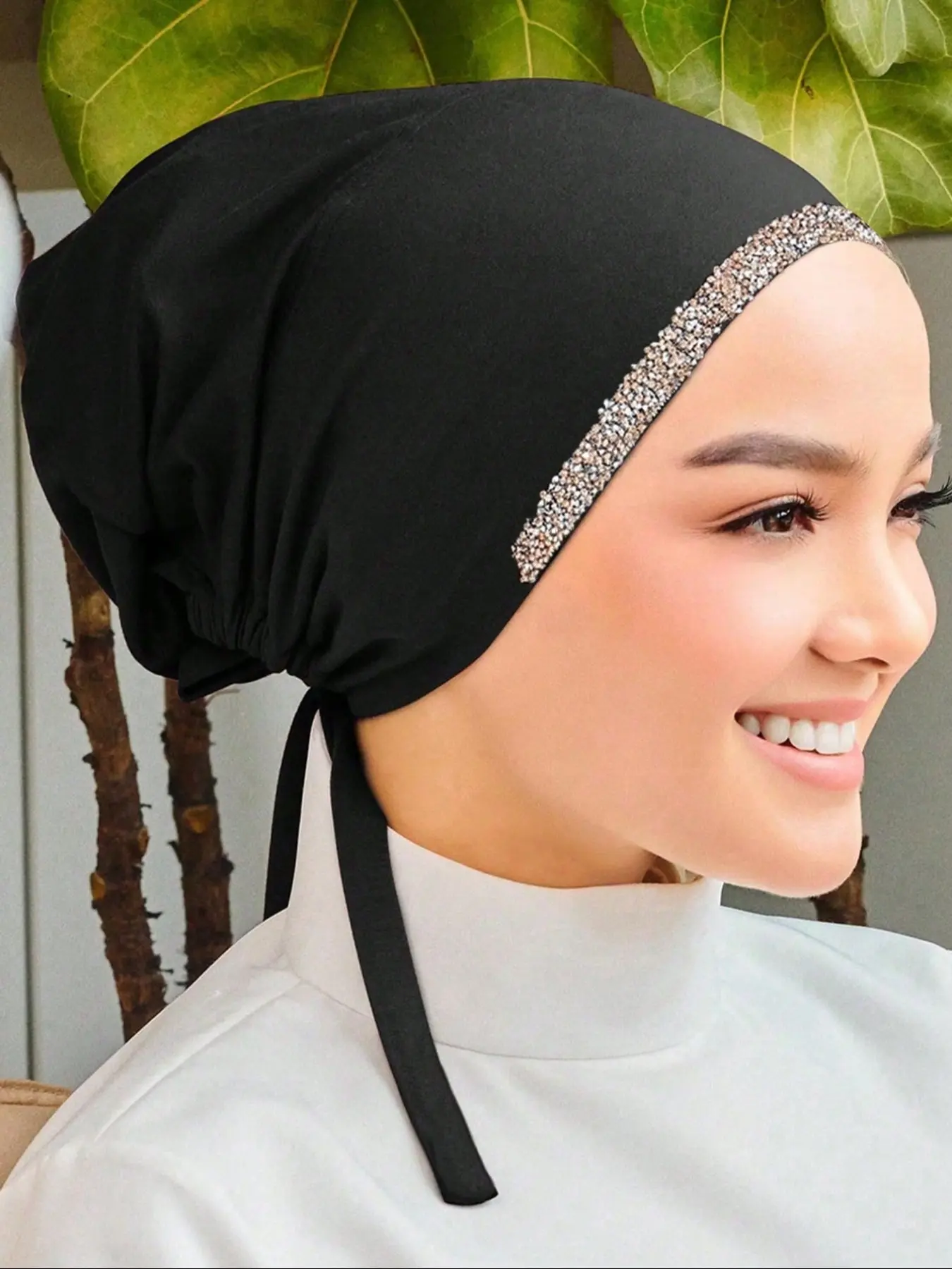 Women's Fashion Solid Color Rhinestone Muslim Tie Bonnet, Stylish, Modesty & Versatile Wrap Scarf Headscarf, Perfect for Daily Use
