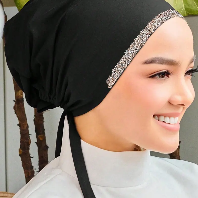 Women's Fashion Solid Color Rhinestone Muslim Tie Bonnet, Stylish, Modesty & Versatile Wrap Scarf Headscarf, Perfect for Daily Use