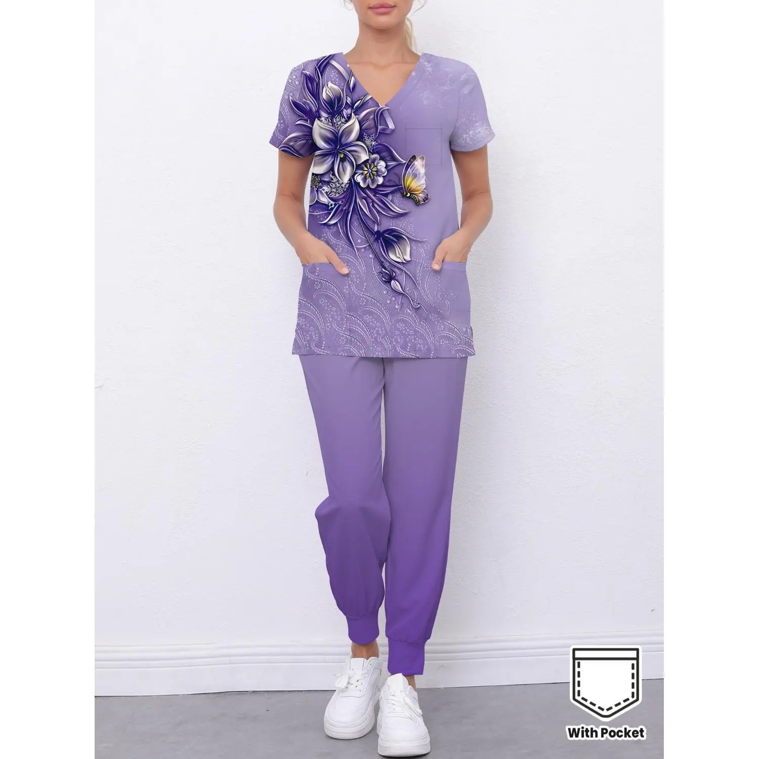 Women's Two-Piece Breathable Printed V-Neck Workwear Set with Pocketed Pants