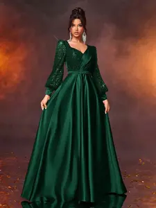Fashionable Satin Maxi Dress with Contrast Sequins, Elegant Long Sleeve, Slim-Fitting, Perfect for Evening Parties and Formal Events, Evening Party Dresses