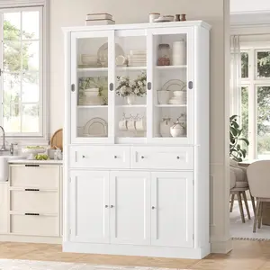 73" White Freestanding Pantry Cabinet with 3 Sliding Glass Doors & 2 Drawers Modern Kitchen & Dining Storage Cupboard