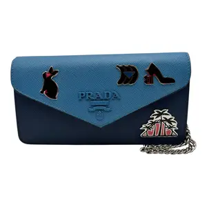 Pre-owned PRADA leather Crossbody Bags Wallet on Chain Blue with Logo, Chain Attachment, and Decorative Elements