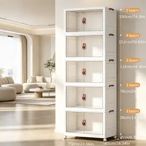 160QT Heavy-Duty Rectangular Waterproof PP Collapsible Storage Box with Lid & Wheels, 4-Tier No-Screws Dustproof Plastic Cabinet Organizer with Double Doors for Home Bedroom Storage Organization