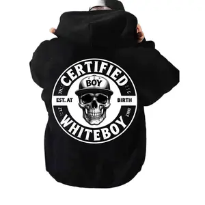 Certified Boy Est. at Birth Whiteboy Skull Print Black Men's Fashion Hoodie, Trendy Streetwear Style Casual Daily Wear Thin Large Size Sweatshirt with Graphic Design Comfortable Fit Top Quality Clothing