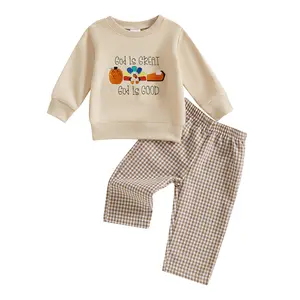 Kids Infant Toddler Baby Boys Thanksgiving Outfits Turkey Embroidery Long Sleeve Tops Plaid Pants Sets 2Pcs