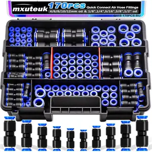 170PCS Quick Connect Air Hose Fittings,1/8 1/4 5/16 3/8 1/2 inch & 4/6/8/10/12mm Straight Push to Connect Fittings,Quick Release Pneumatic Air Line Fitting