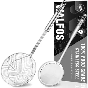 Spider Strainer Set (2 pieces): 5.5-inch stainless steel fryer scoop and 4-inch fat skimmer spoon; kitchen spider strainer with handle for cooking—ideal for deep fryers, pasta, eggs, and fats.