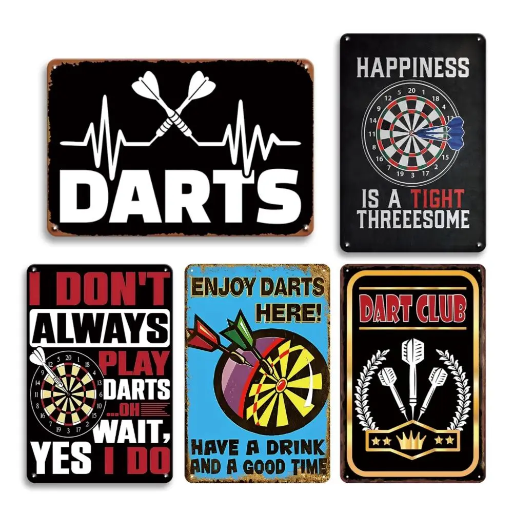 Dart Club Vintage Dart Decor Metal Tin Sign, Decorative Plaque, 5 Counts/set UV Printed Iron Wall Decor, Novelty Decor, Multipurpose Wall Hanging Plaques Decorations for Bar, Office, Vintage Garage Signs, Office Home Decor