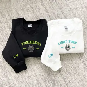 Toothless and Light Fury Couple Embroidered Sweatshirt, Cute Matching Dragon Pullover,  Sweater Gift for Couples