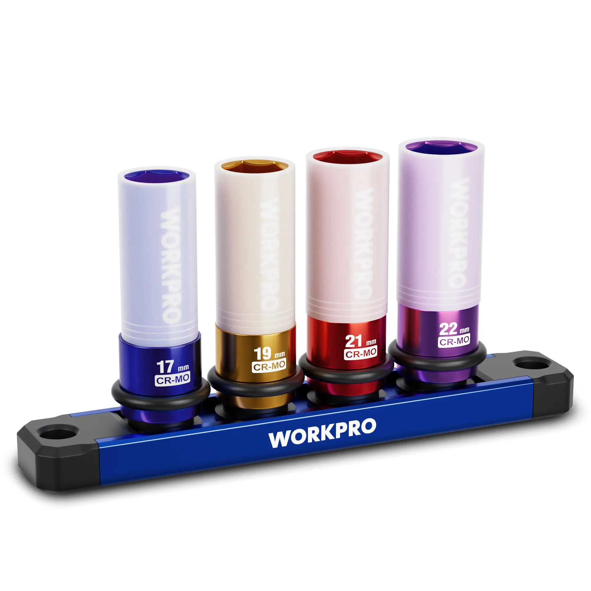 WORKPRO 1/2" Drive Lug Nut Impact Duty Socket Set | 4 Packs 17-19-21-22mm Deep Thin Wall Socket Set, Made of Premium Cr-Mo Steel, Non-Marring Lug Nut Wheel Sockets for Car